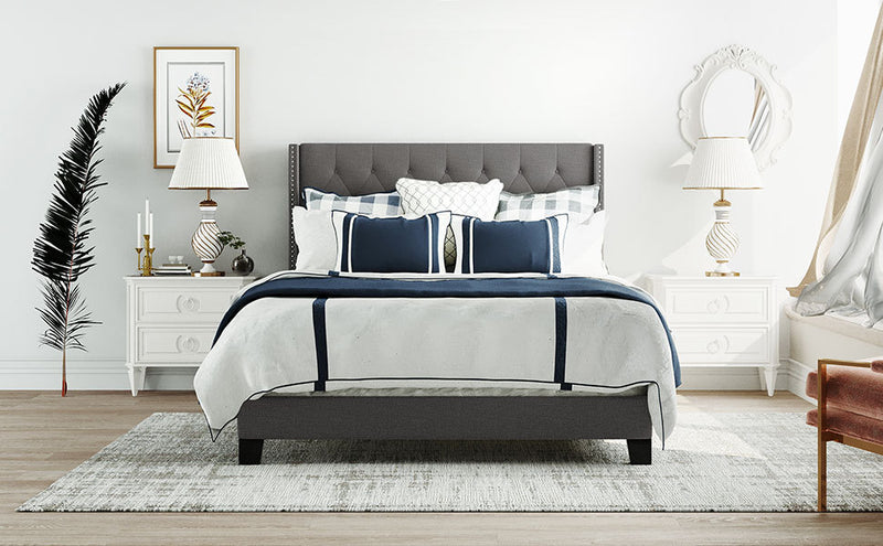 Upholstered Platform Bed with Classic Headboard, Box Spring Needed, Gray Linen Fabric, Queen Size