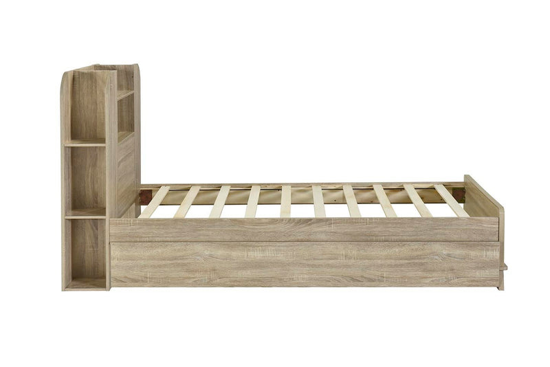 Twin Size Storage Platform Bed Frame with with Trundle and Light Strip Design in Headboard,Natural