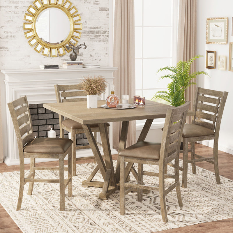 5 Pieces Dining Set, Square Counter Table Modern Farmhouse Rustic - Distressed Brown