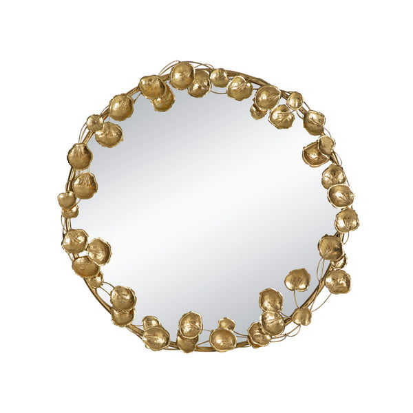 Round Metal Wall Mirror With Leaf Accents, Modern Decor Mirror For Living Room Entryway Hallway - Gold