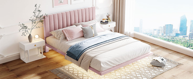 Queen Size Upholstered Bed With Sensor Light And Headboard, Floating Velvet Platform Bed - Pink