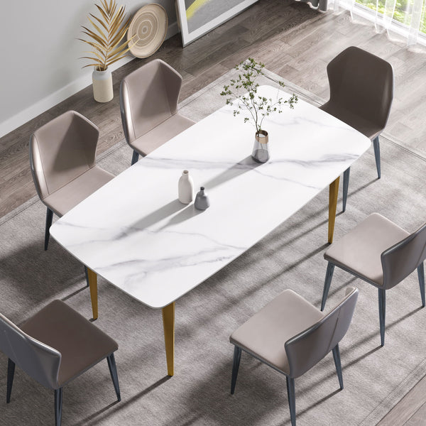 70.87" Modern Artificial Stone White Curved Golden Metal Leg Dining Table, Can Accommodate 6-8 People - White