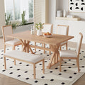 Topmax - 6 Piece Farmhouse Classical Dining Table Set With Trestle Legs, Kitchen Table Set For 6 With 4 Upholstered Dining Chairs And Bench