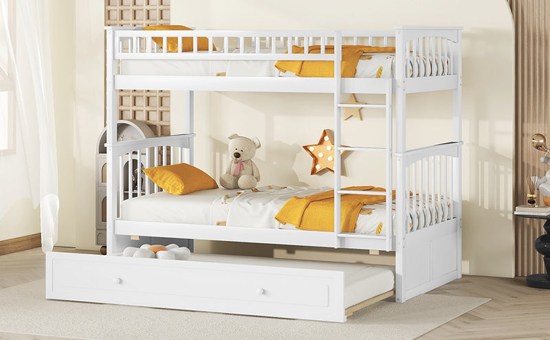 Twin over Twin Bunk Bed with Twin Size Trundle, Convertible Beds, White