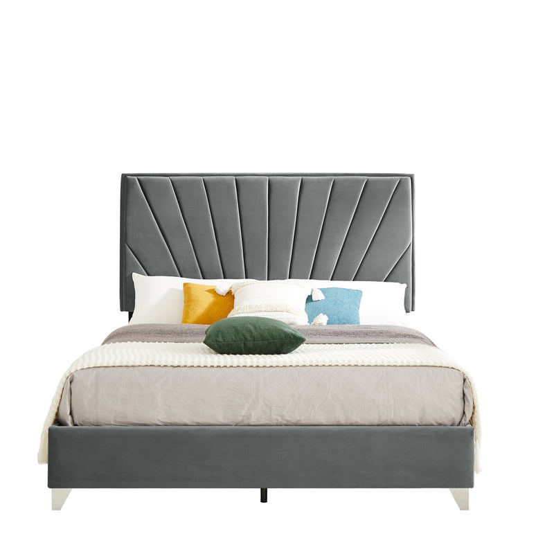 B108 Queen bed Beautiful line stripe cushion headboard , strong wooden slats + metal support feet, Gray Flannelette