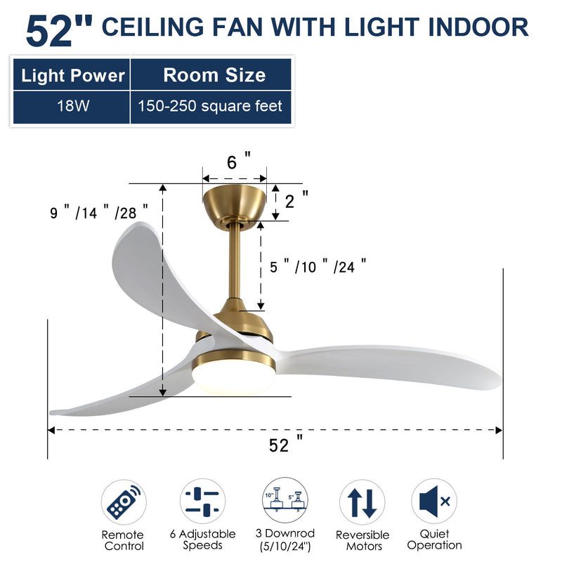 Ceiling Fan With Dimmable LED Light 3 Solid Wood Blades Remote Control Reversible DC Motor For Living Room