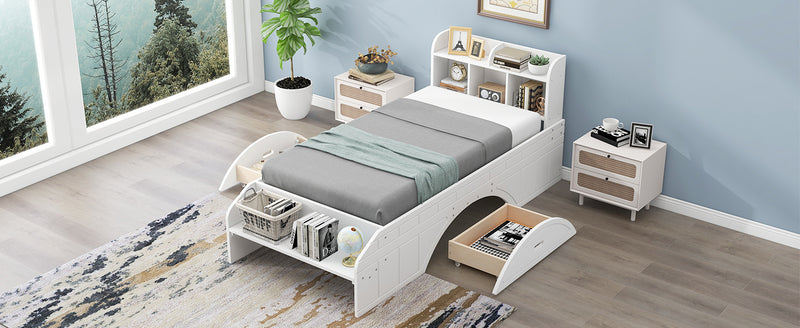 Wood Twin Size Platform Bed with 2 Drawers, Storage  Headboard and Footboard, White