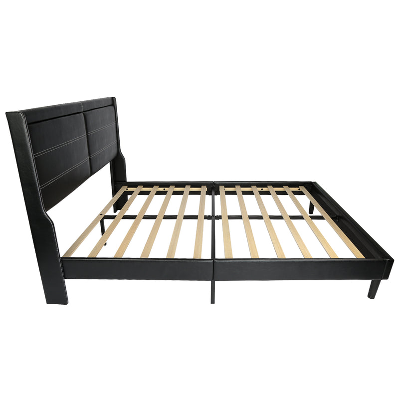 Stylish Queen Size PU Leather Upholstered Bed Frame Platform Bed with Lights Stitched Wing-backed Headboard Strong Wooden Slats Bed Canopy No Box Spring Needed Black