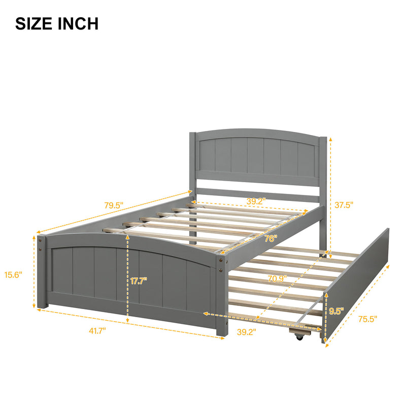 Twin Size, Platform Bed With Trundle - Gray