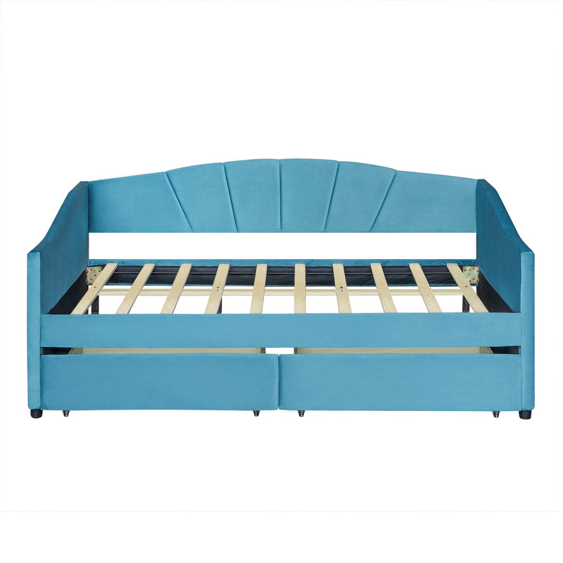 Twin Size Upholstered Daybed With Two Drawers And Wood Slat - Blue