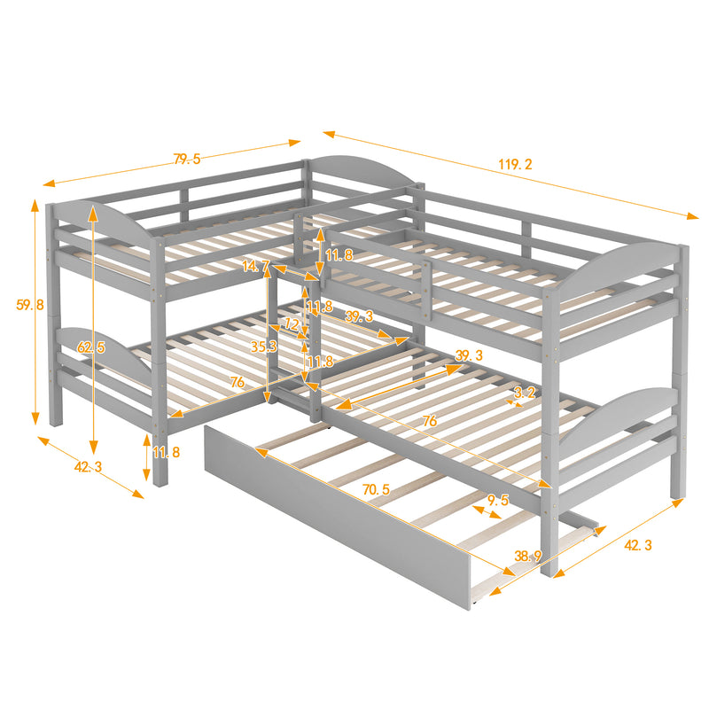 Twin L-Shaped Bunk bed with Trundle-Gray{OLD SKU:LP000024AAE}