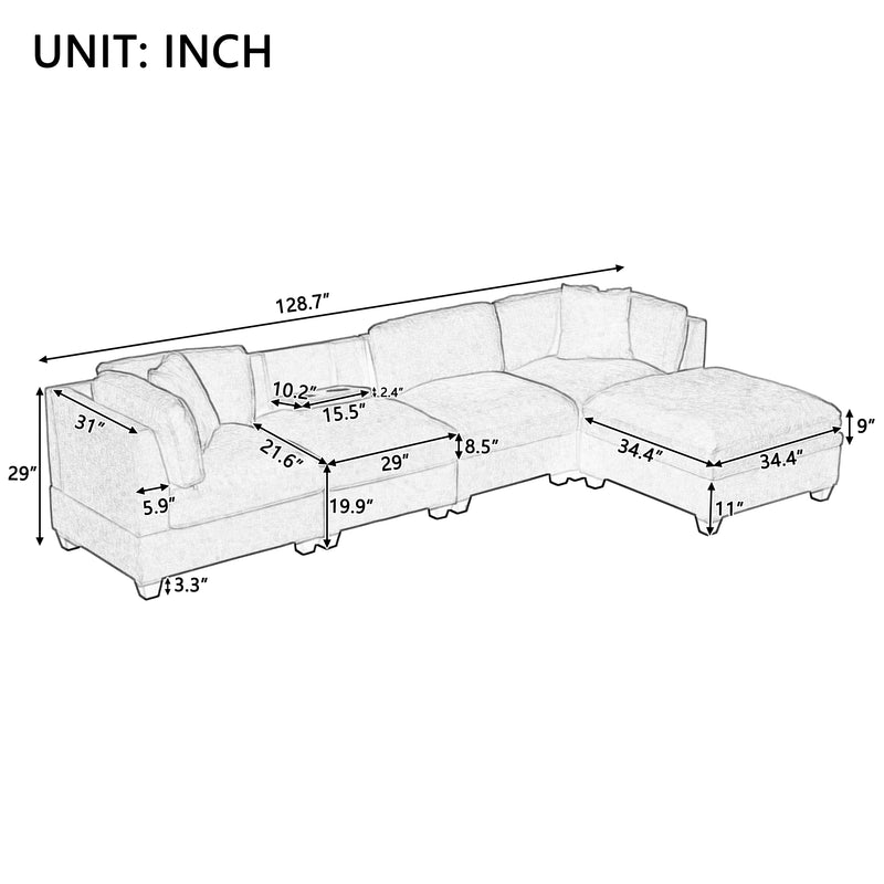 U-style Upholstered Modular Sofa with Removable Storage Ottoman, 2 hidden cup holders, Sectional sofa for Living Room Apartment(5-Seater)