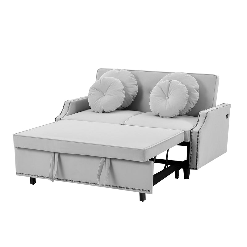 Multiple Adjustable Positions Sofa Bed Stylish Sofa Bed With A Button Tufted Backrest, Two USB Ports And Four Floral Lumbar Pillows For Living Room, Bedroom, Or Small Space