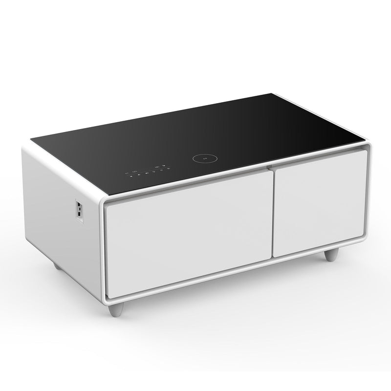 Modern Smart Coffee Table With Built-In Fridge, Bluetooth Speaker, Wireless Charging, Touch Control Panel, USB Ports, Outlet Protection, Atmosphere Light - White