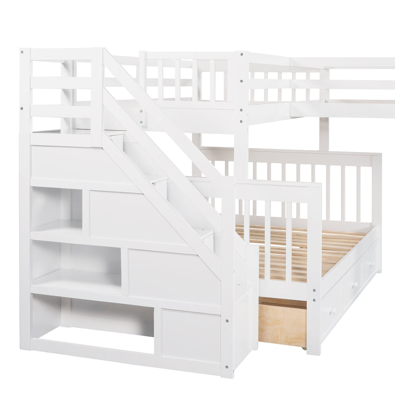 Twin over Full L-Shaped Bunk Bed With 3 Drawers, Ladder and Staircase - White