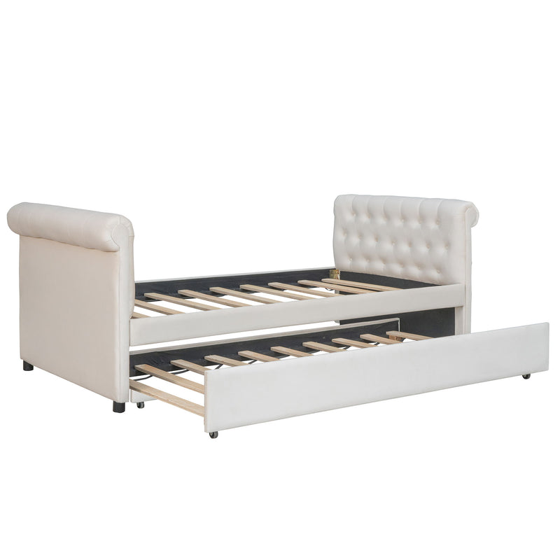 Twin Size Upholstered Daybed With Trundle, Wood Slat Support - Beige