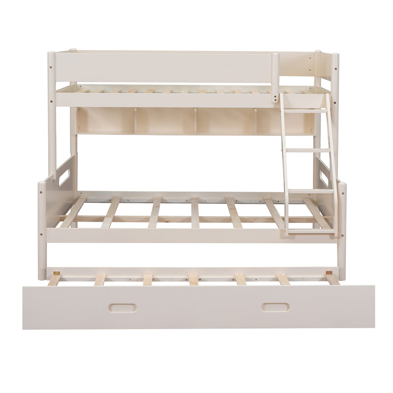 Wood Twin over Full Bunk Bed with Storage Shelves and Twin Size Trundle, Cream