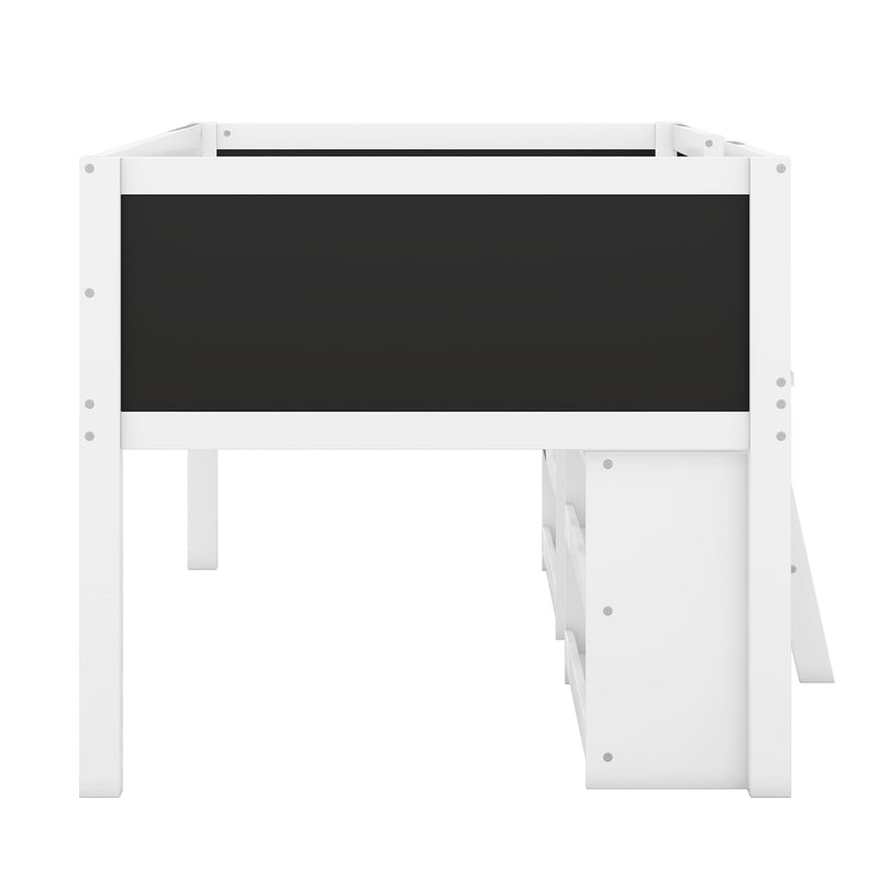 Twin Size Low Loft Bed with Two Movable Shelves and Ladder,with Decorative Guardrail Chalkboard,White(Old SKU: WF283286AAK)