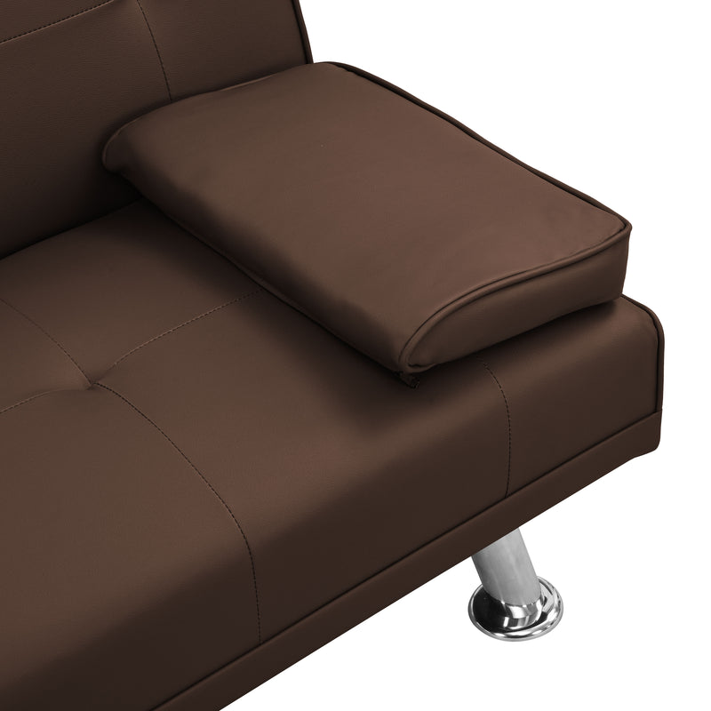 Futon Sofa Bed With Armrest Two Holders Wood Frame, Stainless Leg - Brown