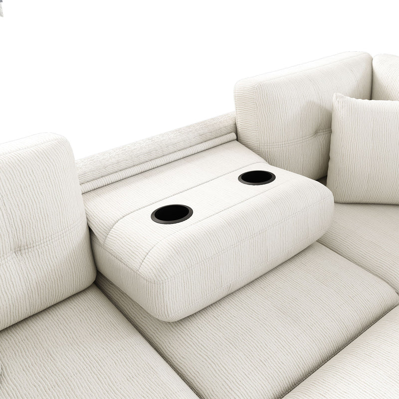 Sectional Sofa L-Shaped Sofa Couch Pull-Out Sofa Bed With A Movable Ottoman, Two USB Ports And Two Cup Holders For Living Room