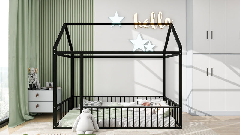 Twin Size Metal Bed House Bed Frame With Fence, For Kids, Teens, Girls, Boys