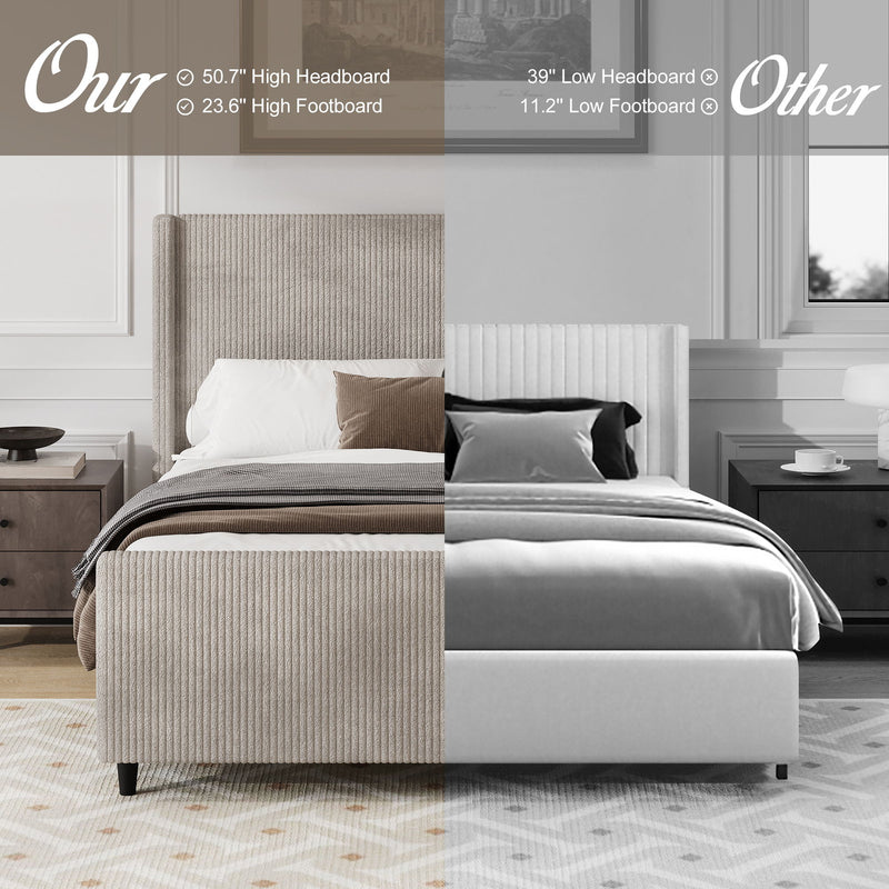 Corduroy Upholstered Bed Frame With Vertical Stripe Wingback And High Footboard No Box Spring Needed