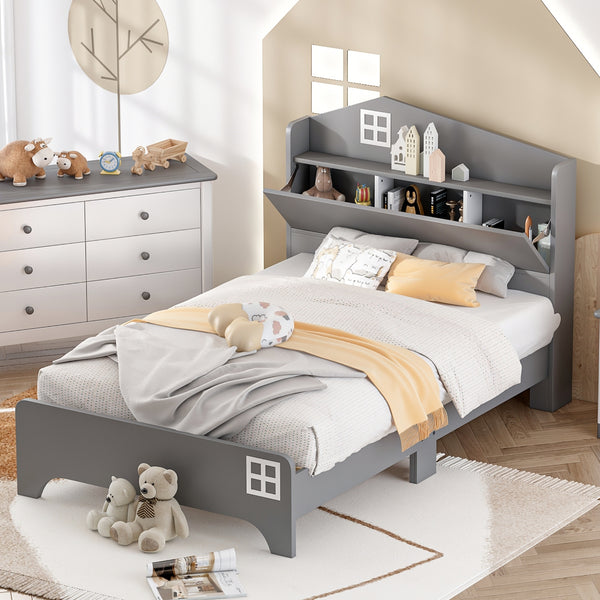 Wooden Twin Size House Bed with Storage Headboard ,Kids Bed with Storage Shelf,Grey