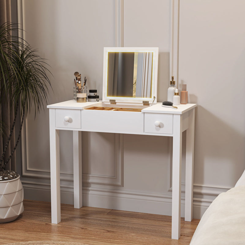 Accent Vanity Table With Flip-Top Mirror And 2 Drawers, Jewelry Storage For Women Dressing - White