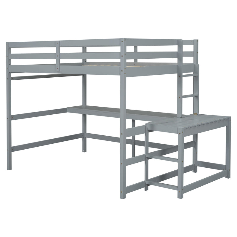 Full Loft Bed With Built-In Desk, Ladder Platform, Ladders, Guardrails - Gray