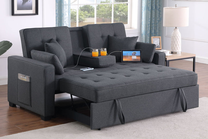 Cody II - 69.5"W Dark Gray Linen Convertible Sleeper Loveseat With Cup Holder, Charging Ports and Pocket