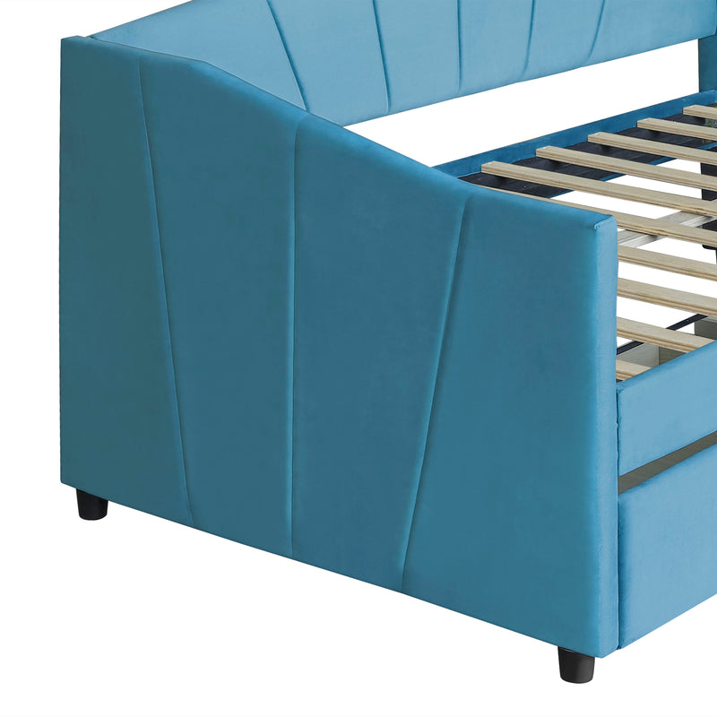 Twin Size Upholstered Daybed With Two Drawers And Wood Slat - Blue