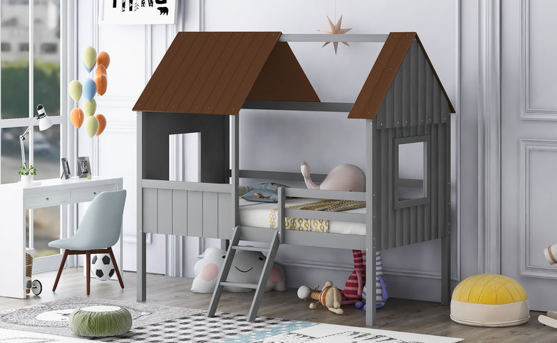 Twin Size Low Loft Wood House Bed with Two Side Windows  (Gray +Brown)(OLD SKU: LP000037AAL)