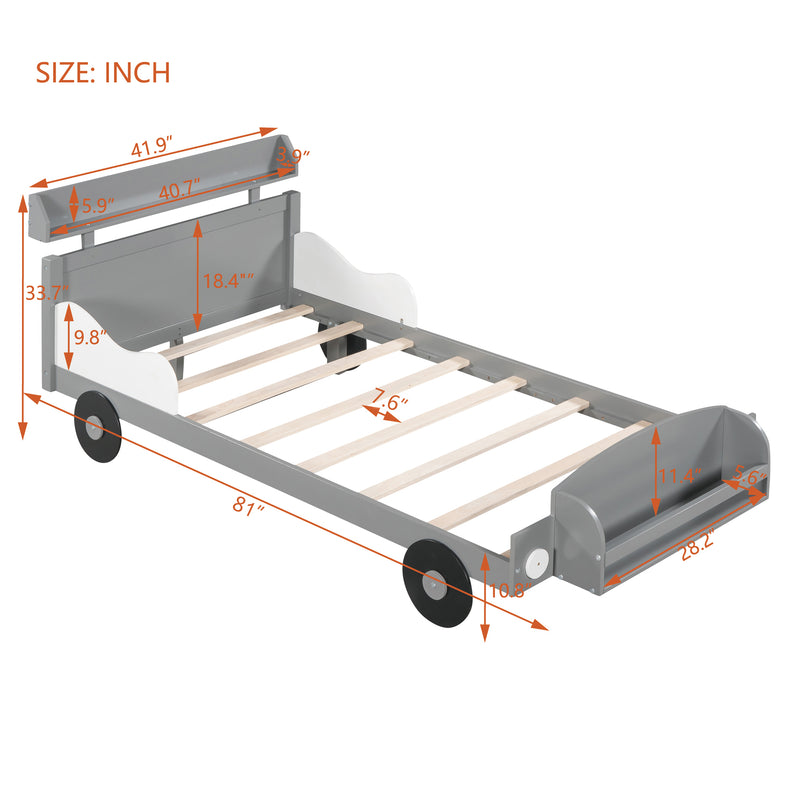 Twin Size Car-Shaped Platform Bed,Twin Bed with Storage Shelf for Bedroom,Gray