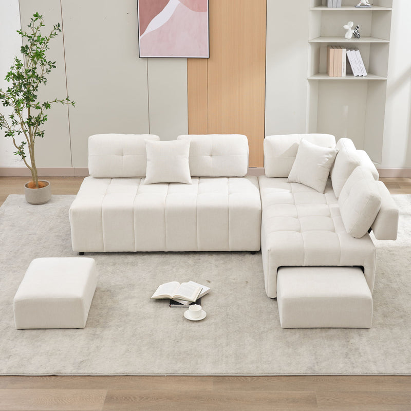 L-Shaped Sofa Sectional Sofa Couch With 2 Stools And 2 Lumbar Pillows For Living Room