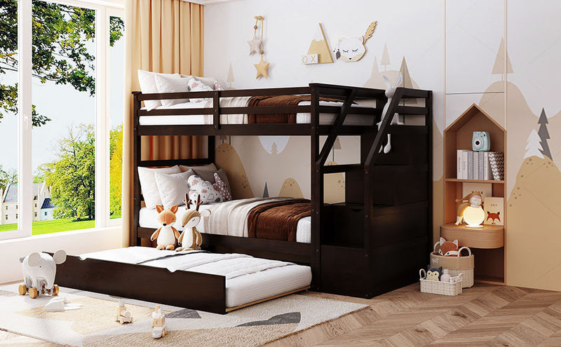 Twin-Over-Twin Bunk Bed with Twin Size Trundle and 3 Storage Stairs,Espresso (OLD SKU :LP000064AAP)