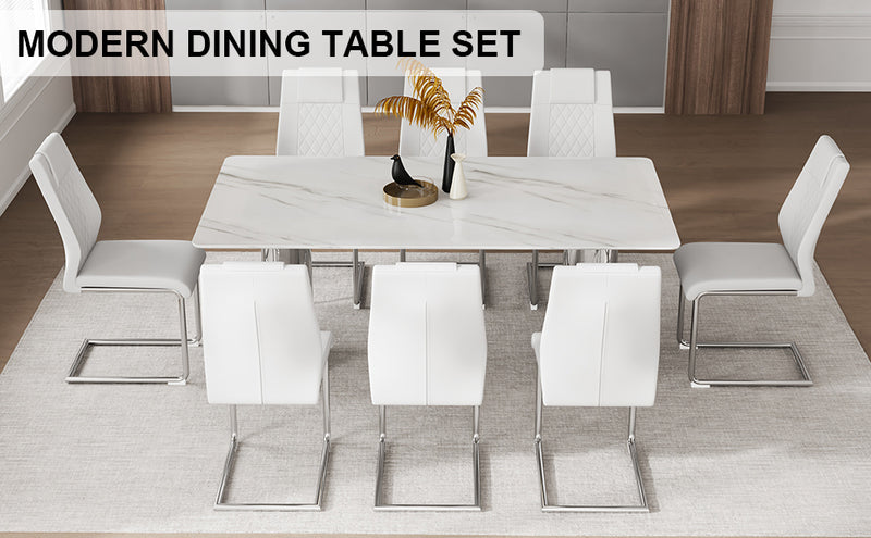 Table and chair set, modern and minimalist dining table. Imitation marble glass sticker desktop, stainless steel legs, stable and beautiful. Comfortable PU seats. DT-69