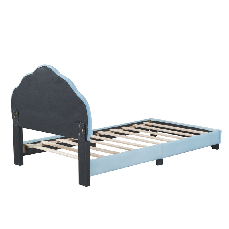 Twin Size Upholstered Velvet Platform Bed with Shell-Shaped Headboard, Blue