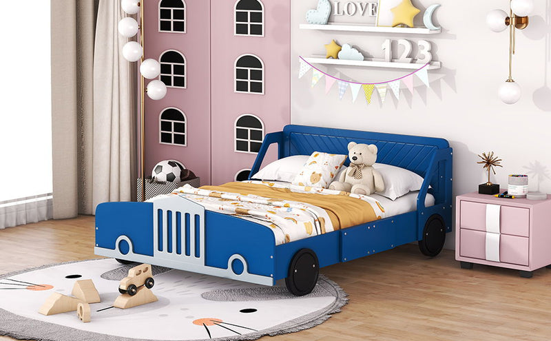 Full Size Car-Shaped Platform Bed With Wheels - Blue