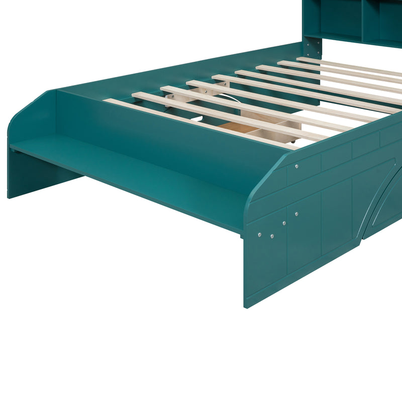 Wood Full Size Platform Bed with 2 Drawers, Storage  Headboard and Footboard, Dark Green