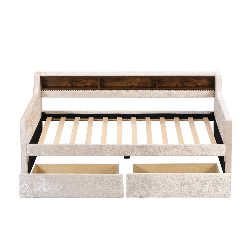 Twin Size Snowflake Velvet Daybed with Two Storage Drawers and Built-in Storage Shelves,Beige