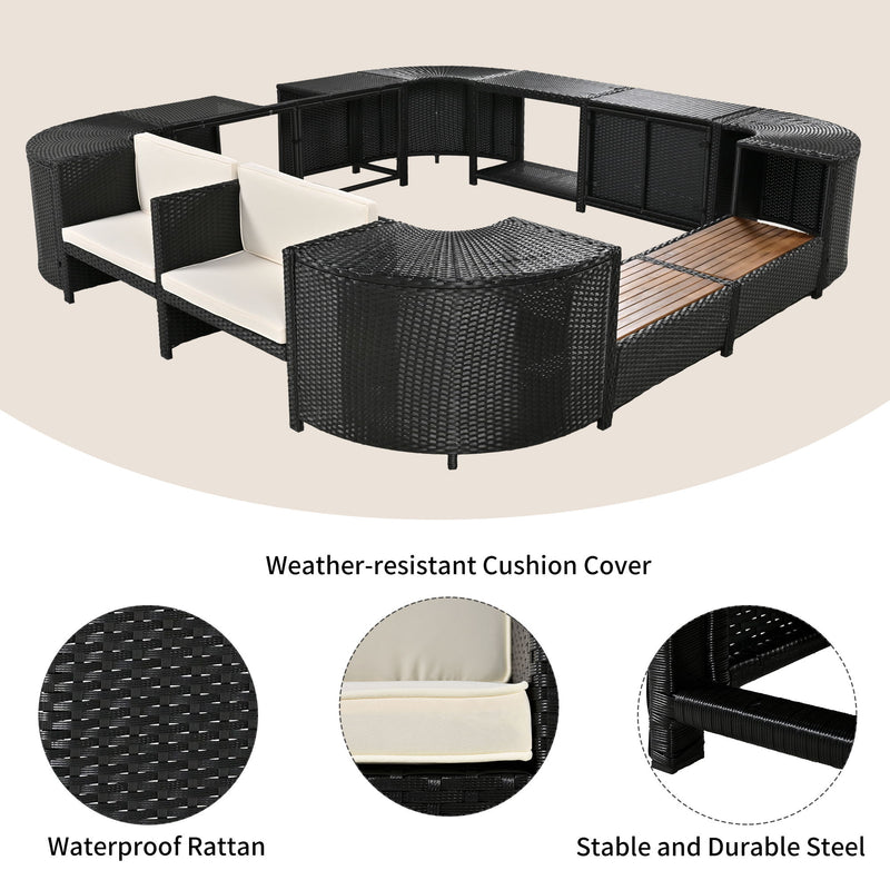 Spa Surround Spa Frame Quadrilateral Outdoor Rattan Sectional Sofa Set With Mini Sofa, Wooden Seats And Storage Spaces