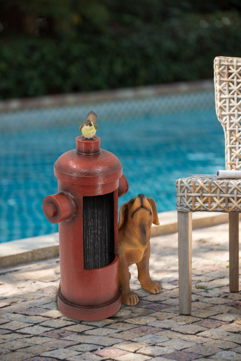 Red Fire Hydrant Water Fountain With Dog And Bird Accents, Outdoor Fountian With Light And Pump - Red / Light Brown