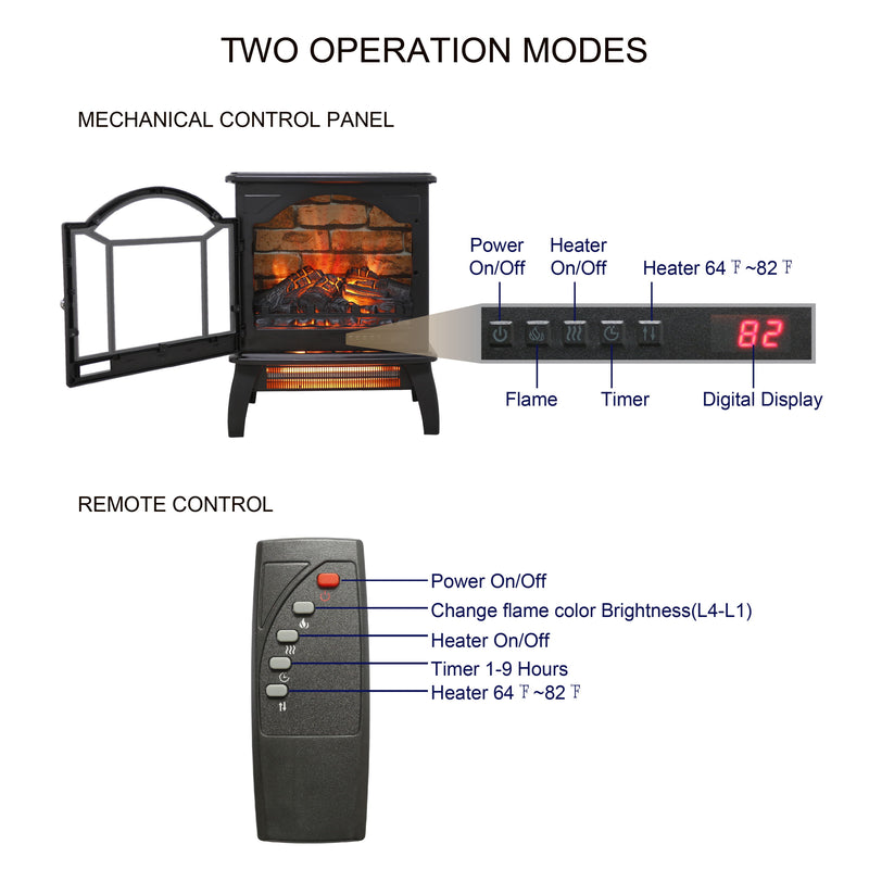 18 Inch 3D Flame Electric Infrared Quartz Fireplace Stove With Remote Control - Black