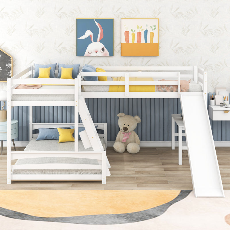 Twin over Full Bunk Bed with Twin Size Loft Bed with Desk and Slide,Full-Length Guardrail, White