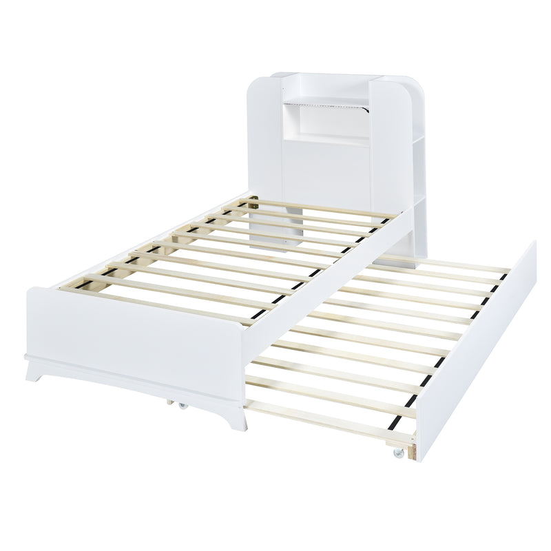 Twin Size Storage Platform Bed Frame with with Trundle and Light Strip Design in Headboard,White