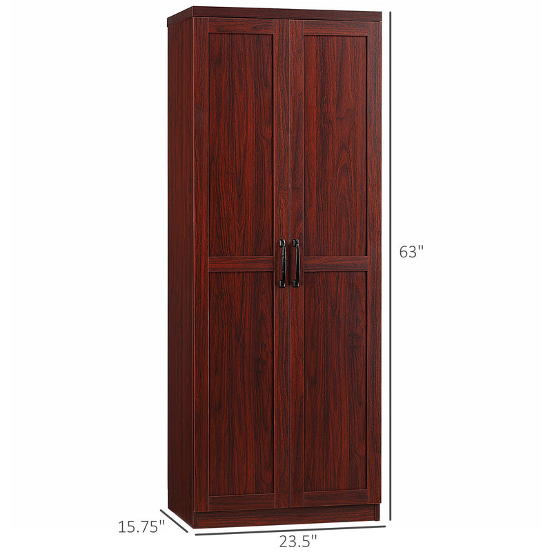 63" 2-Door Kitchen Pantry, Freestanding Storage Cabinet with 5-tier Shelving and 2 Adjustable Shelves for Dining Room, Cherry Wood Color