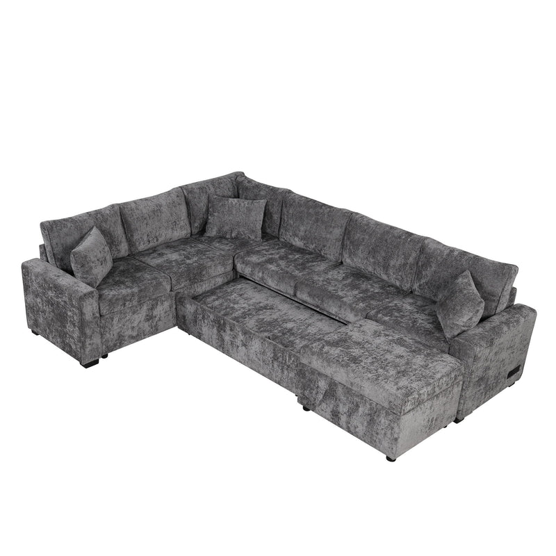 Sectional Sofa Pull-Out Sofa Bed Sleeper With A Storage Ottoman, Three Pillows And Charging Devices For Living Room