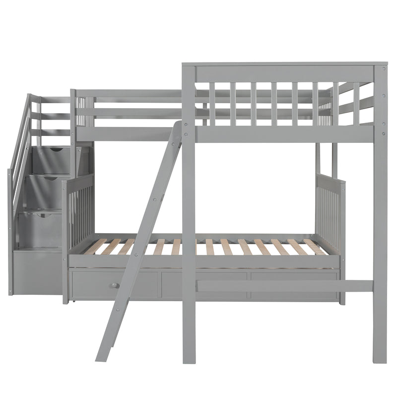 Twin over Full L-Shaped Bunk Bed With 3 Drawers, Ladder and Staircase - Gray