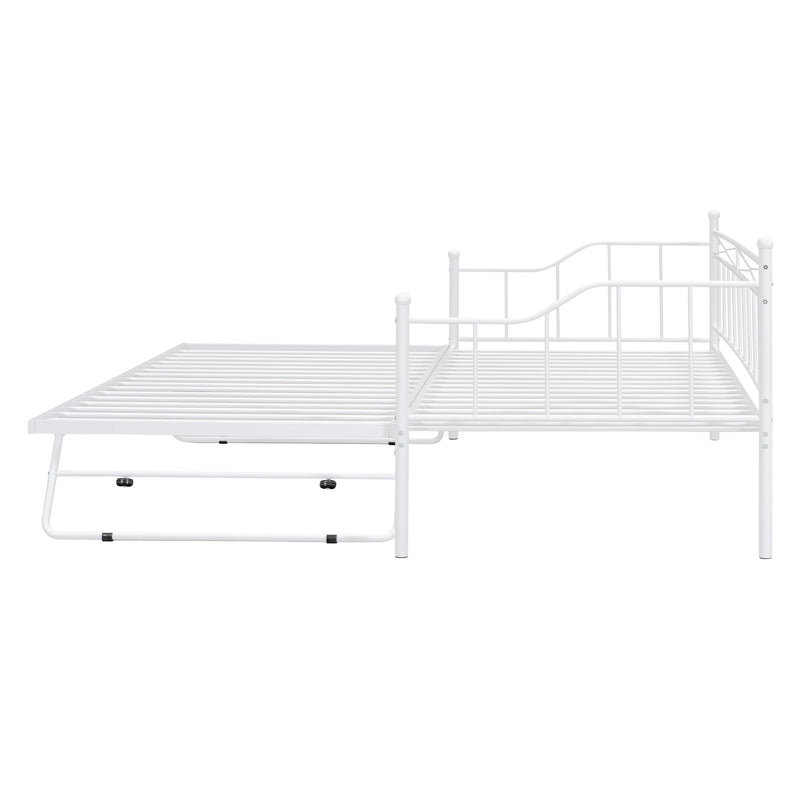 Twin Size Metal Daybed with Twin Size Adjustable Trundle, Portable Folding Trundle, White