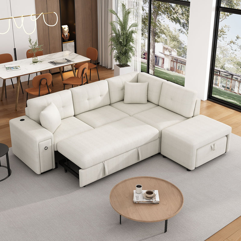 Sectional Sofa L-Shaped Sofa Couch Pull-Out Sofa Bed With A Movable Ottoman, Two USB Ports And Two Cup Holders For Living Room